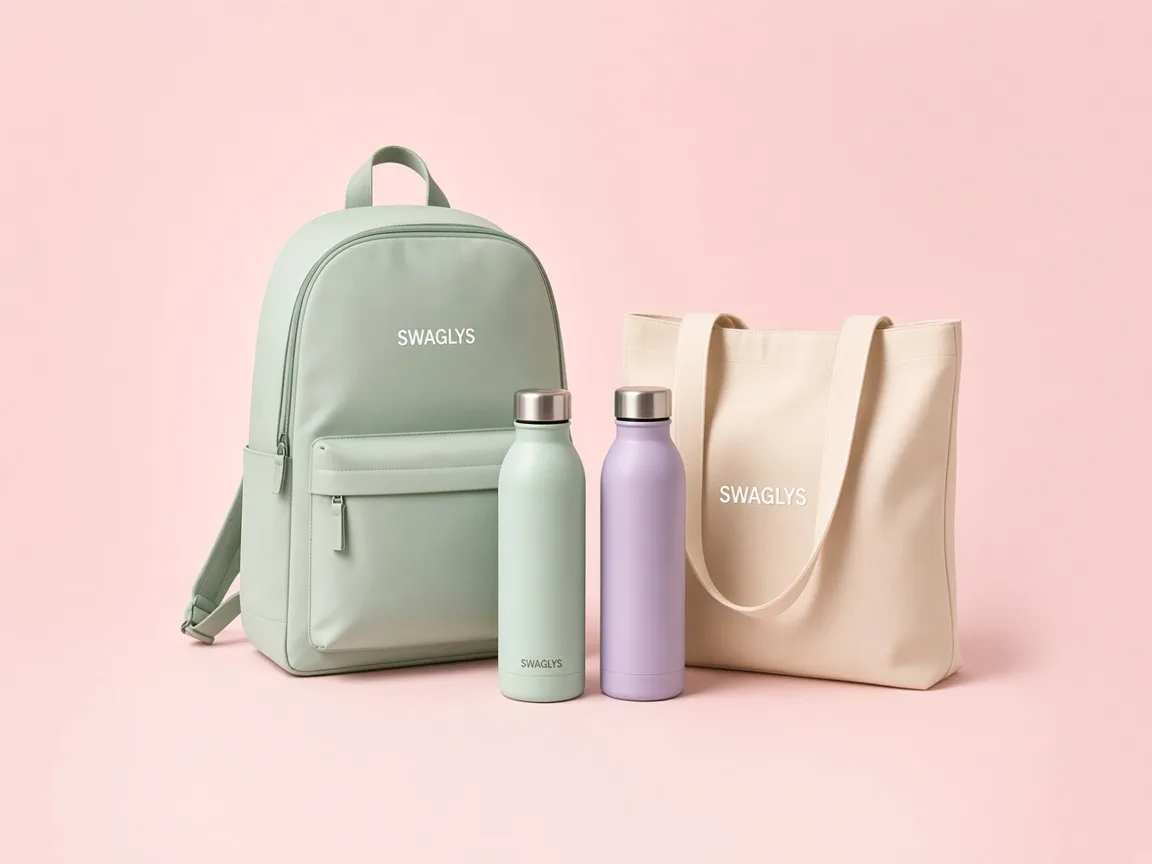 Pastel branded backpack, tote bag and bottles with small Swaglys wordmarks on a soft pink background