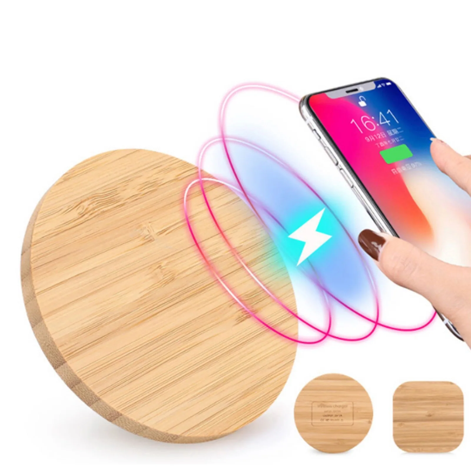 Round bamboo wireless charger with dual USB ports