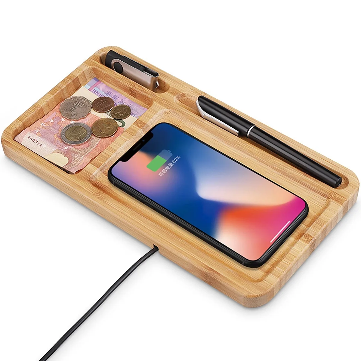 Bamboo wireless charger pad with a sleek phone holder