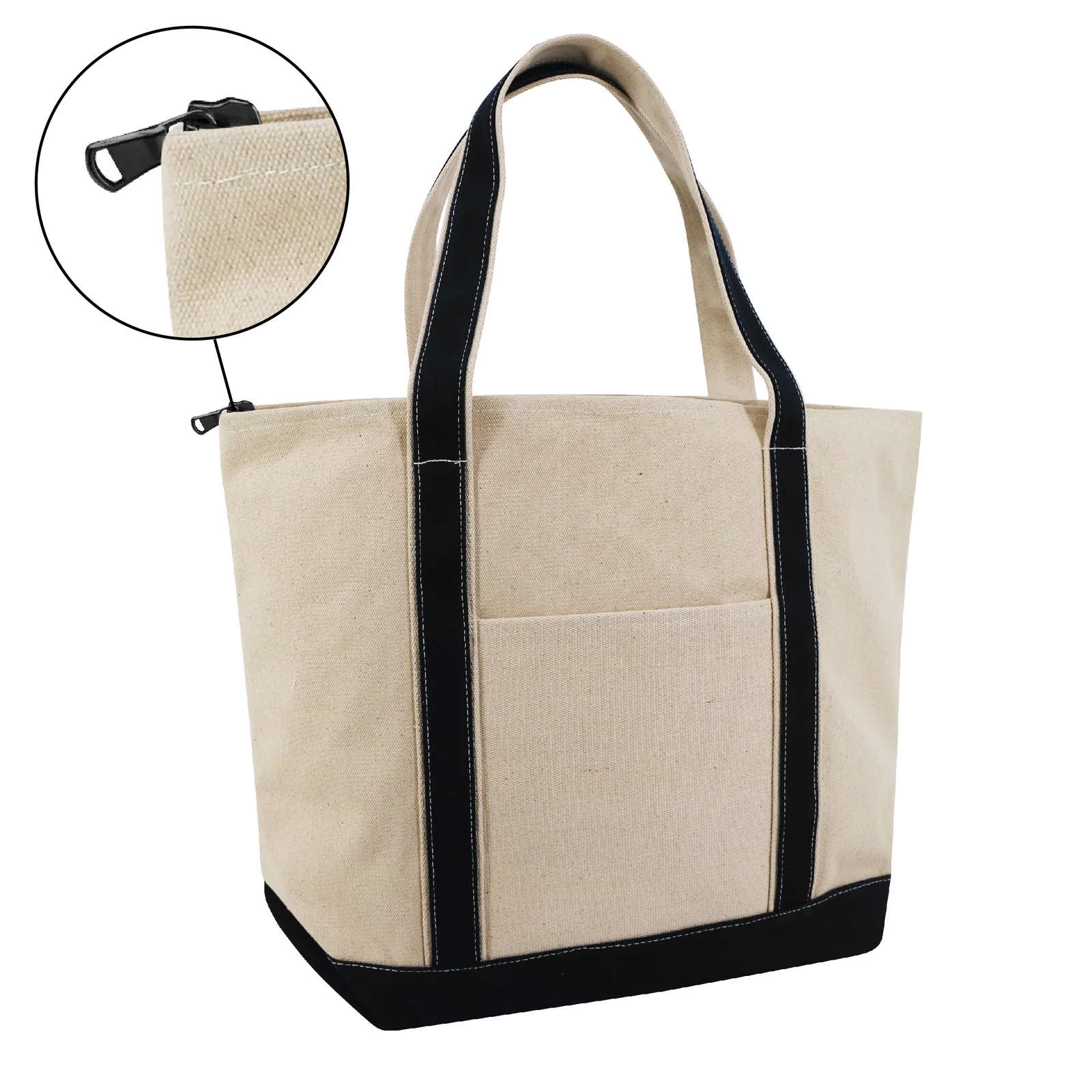 Large cotton canvas tote with zippered closure and exterior pocket