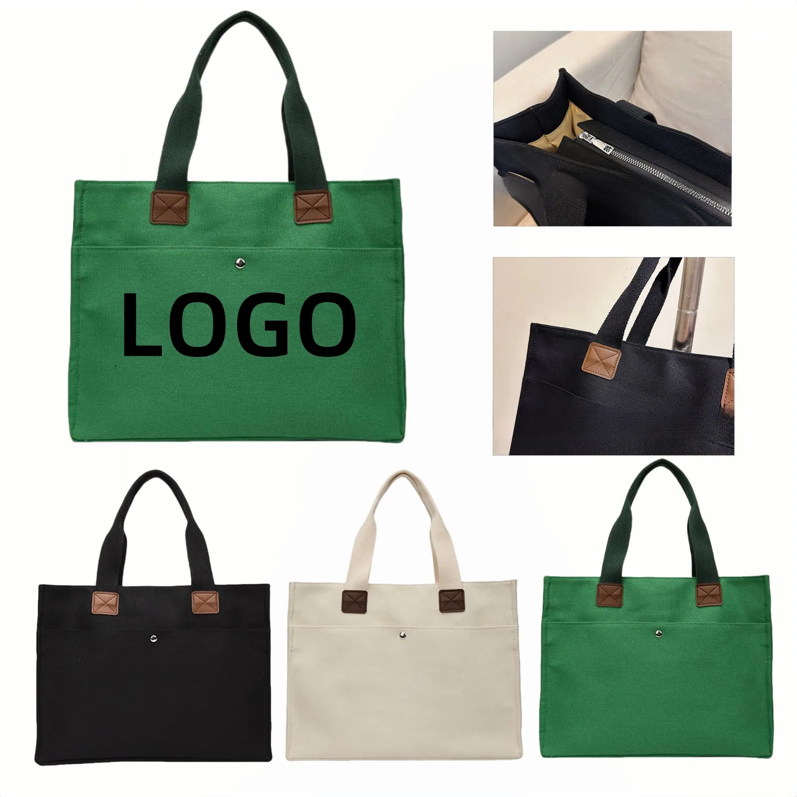 Eco-friendly canvas bag with a zippered opening and multiple pockets