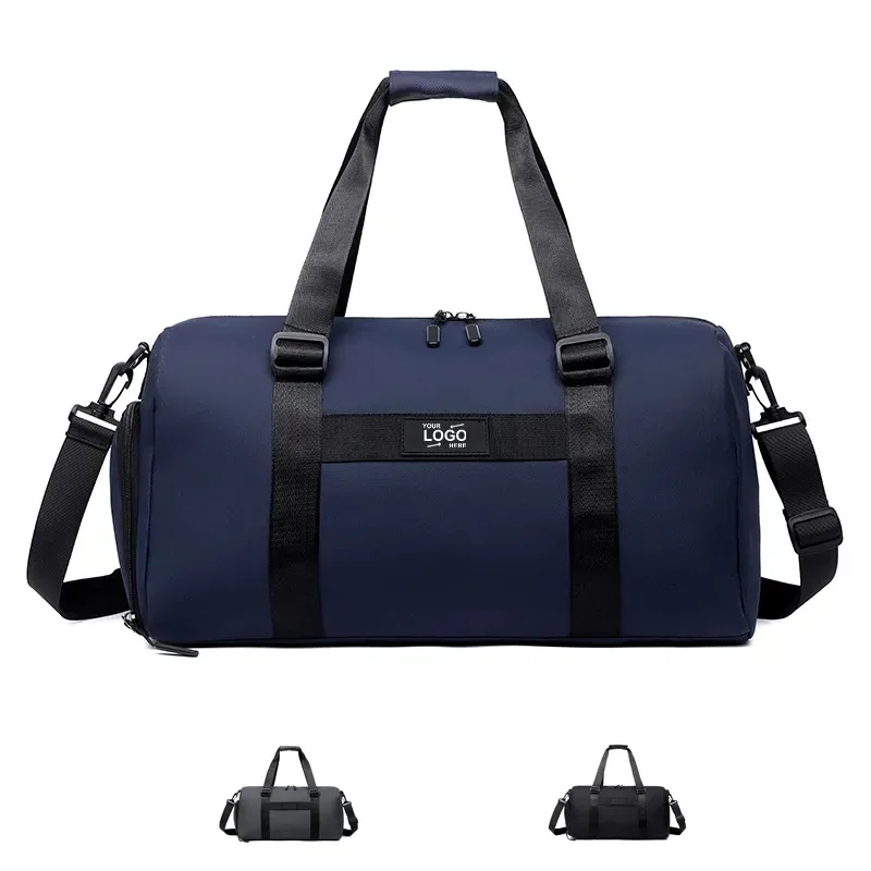 Black sports duffel bag with adjustable shoulder strap and compartments