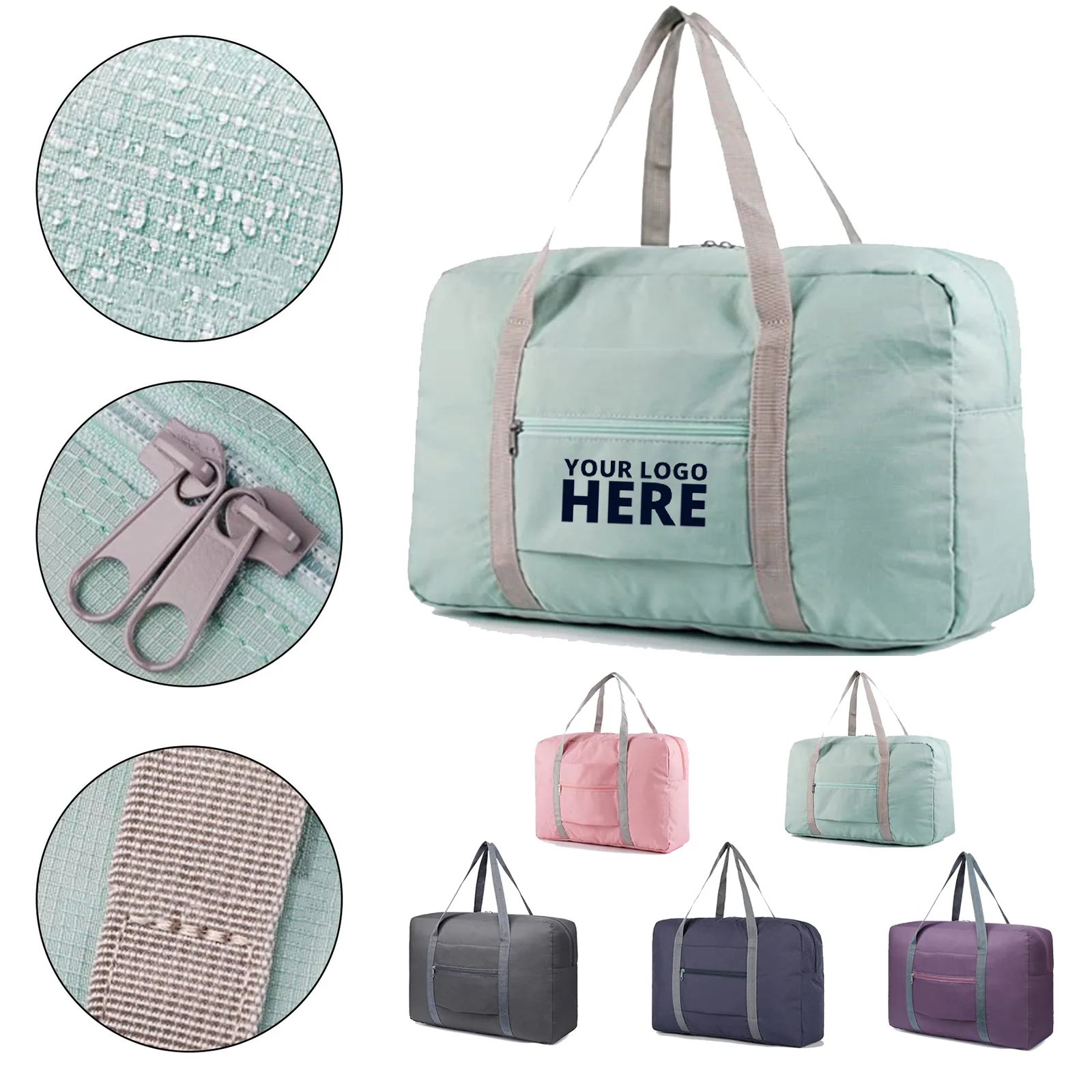 Foldable travel duffle bag with adjustable strap and logo