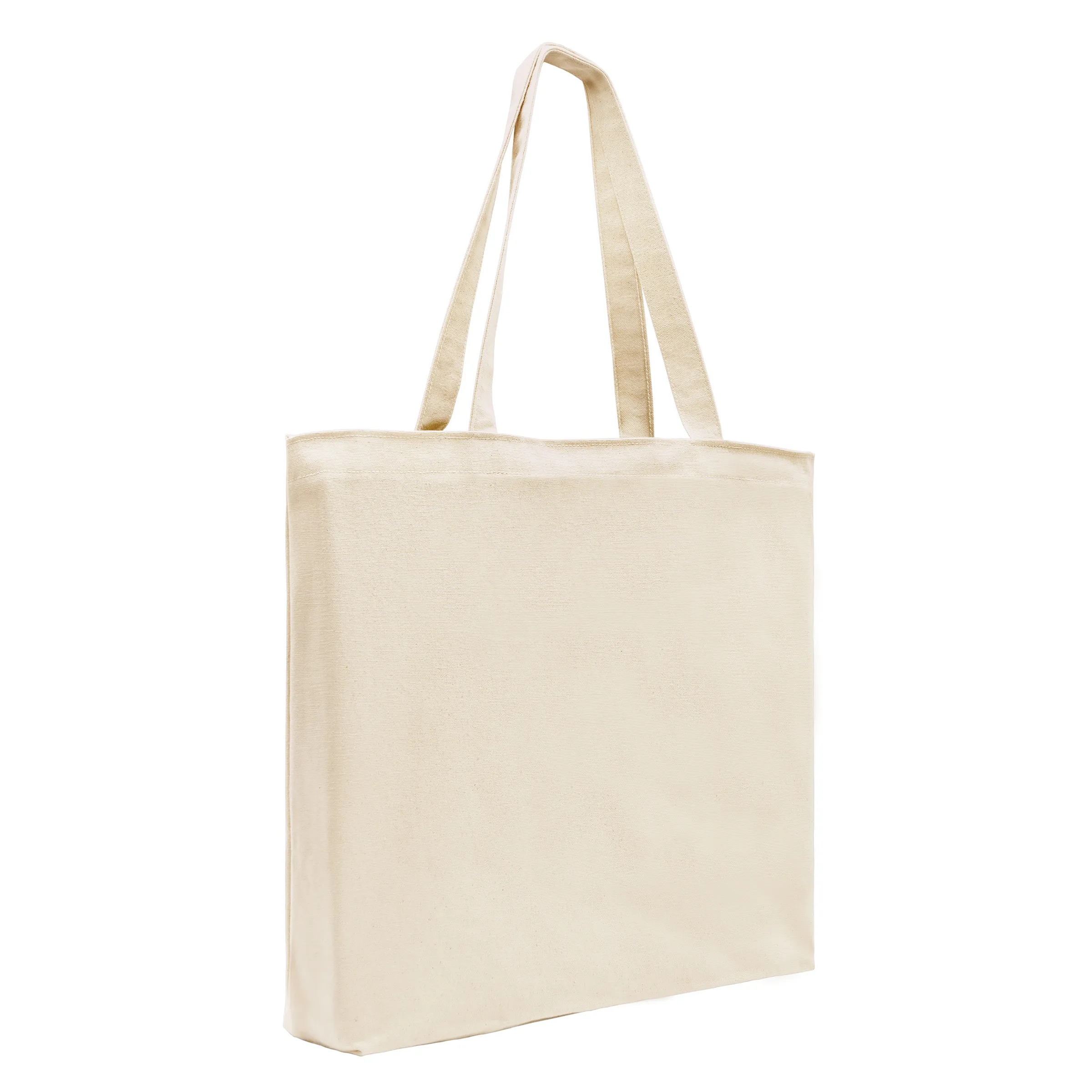 Natural canvas tote bag with long handles and flat base