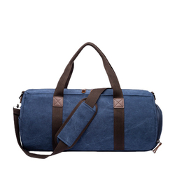 Large blue duffle bag with a spacious exterior shoe compartment