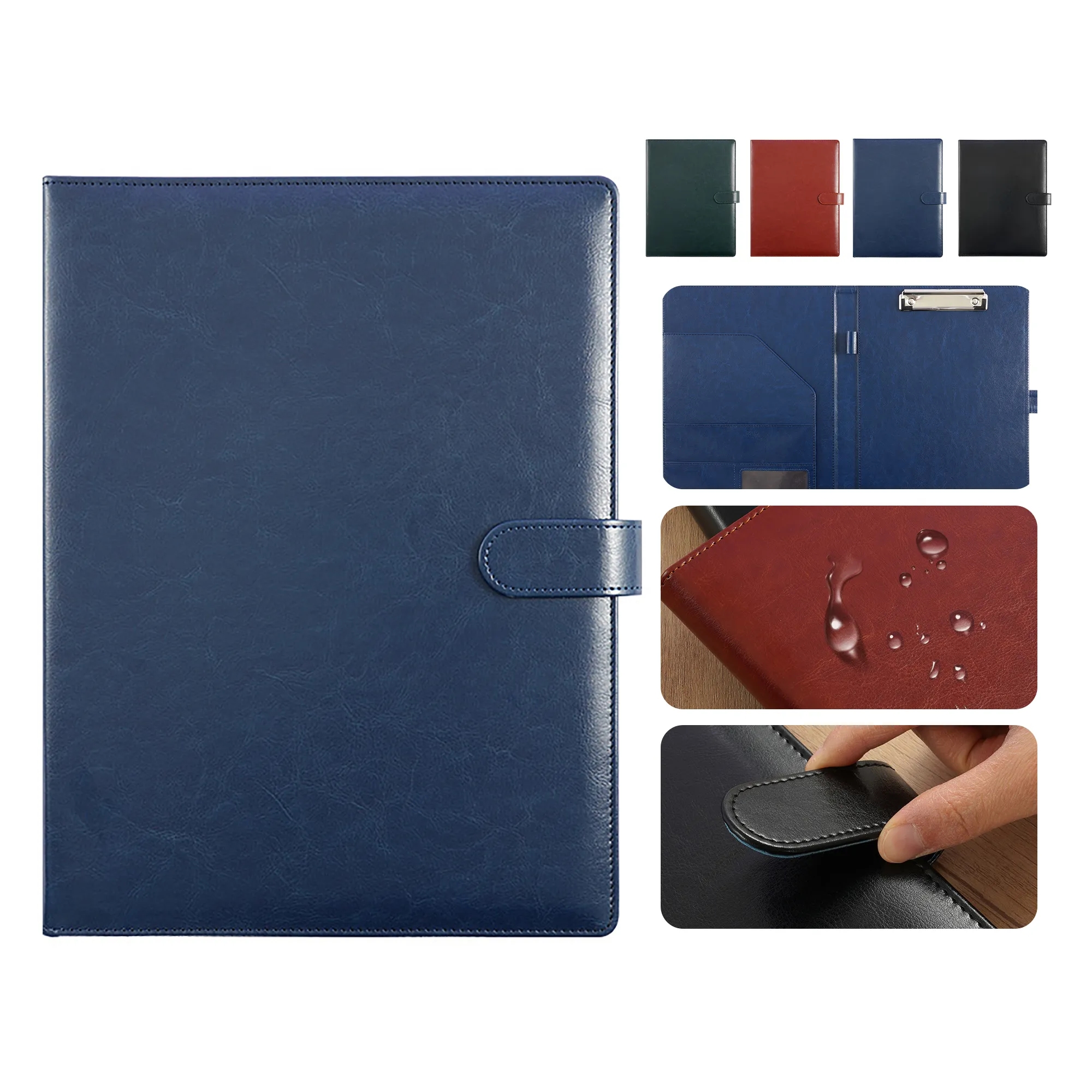 Leather document organizer with magnetic closure on a desk
