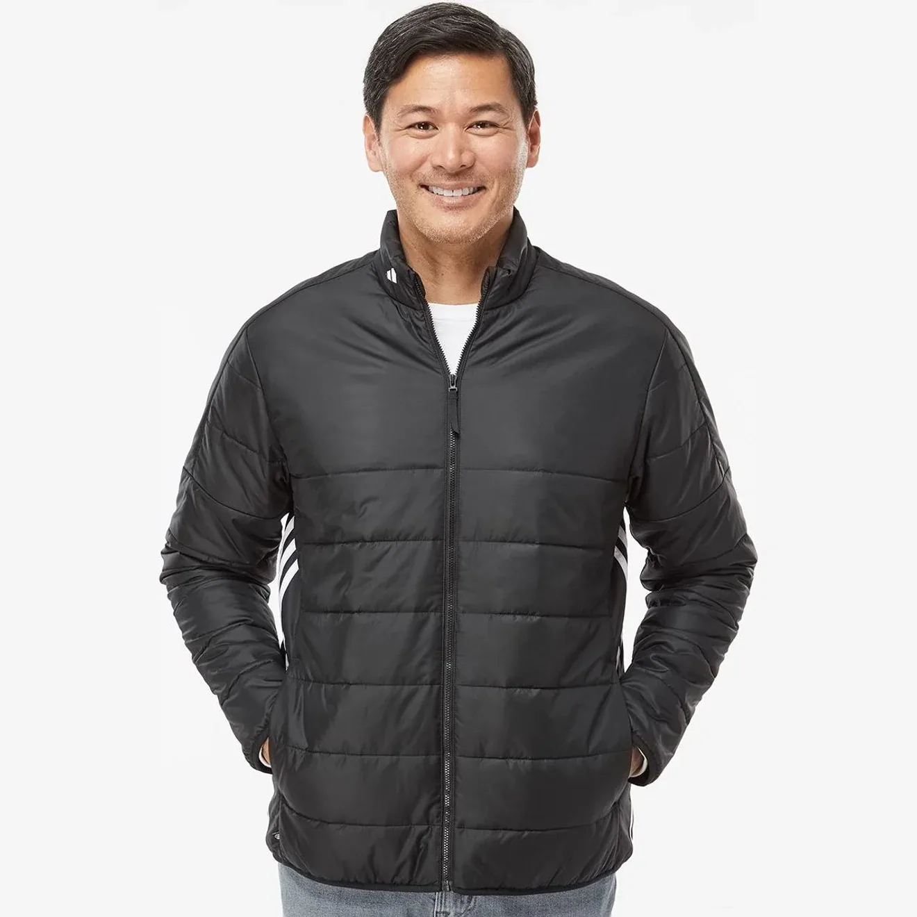 Men's puffer jacket featuring 3-stripes on the sides