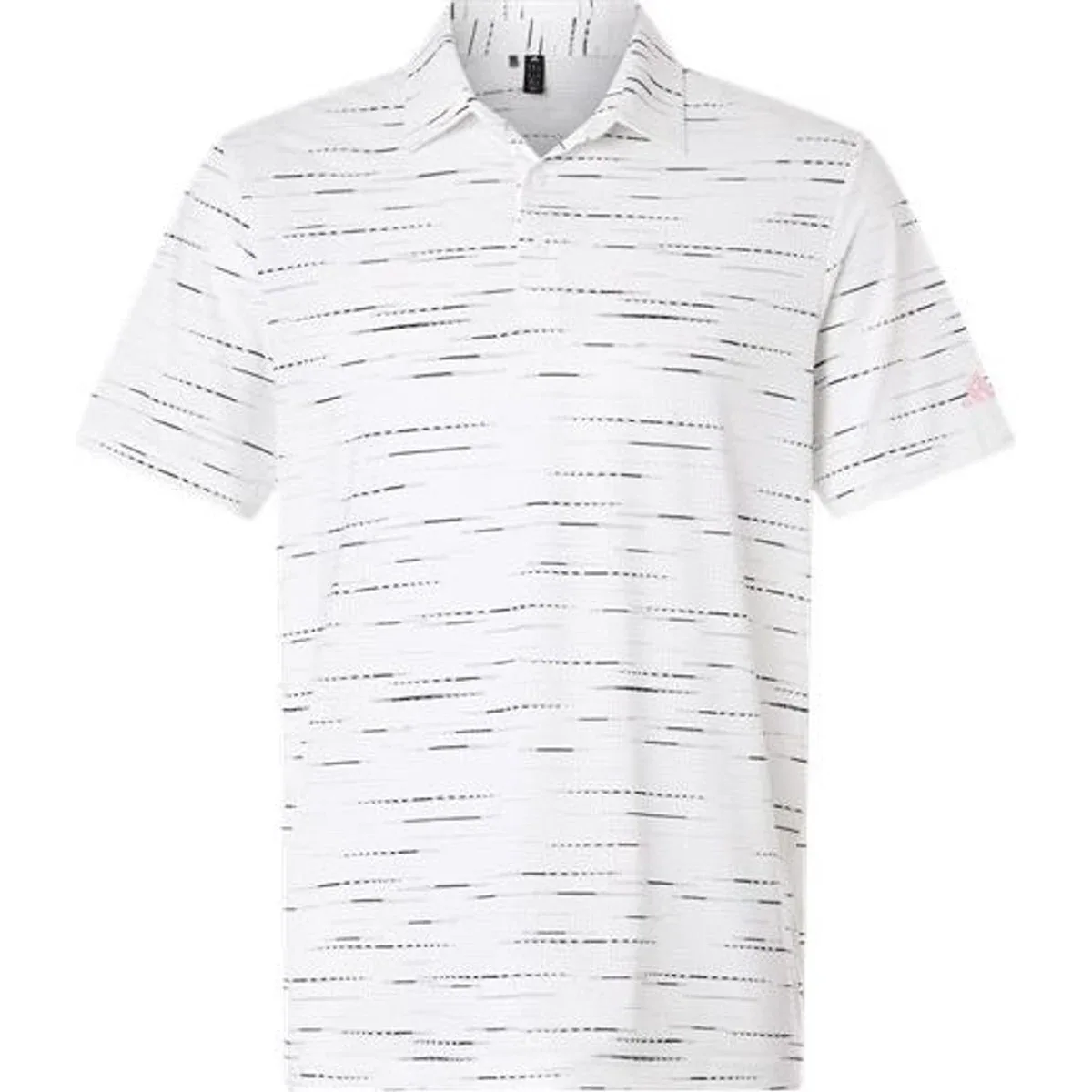 Close-up of the three-button placket and all-over print