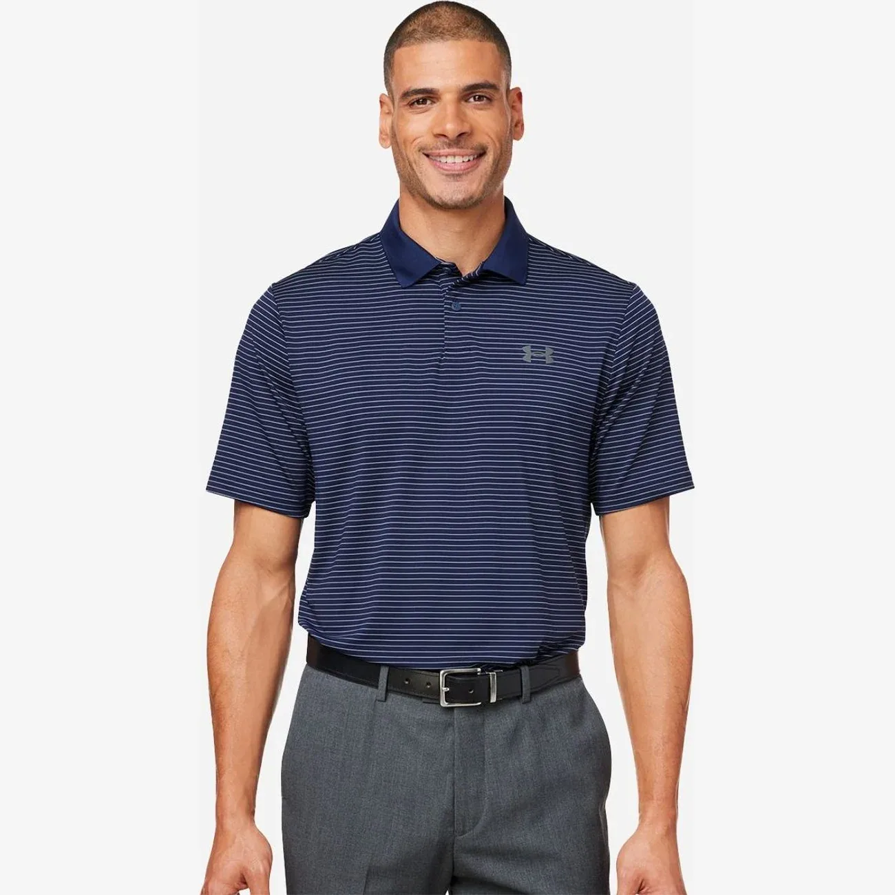 Men's polo shirt featuring a striped design and flat knit collar