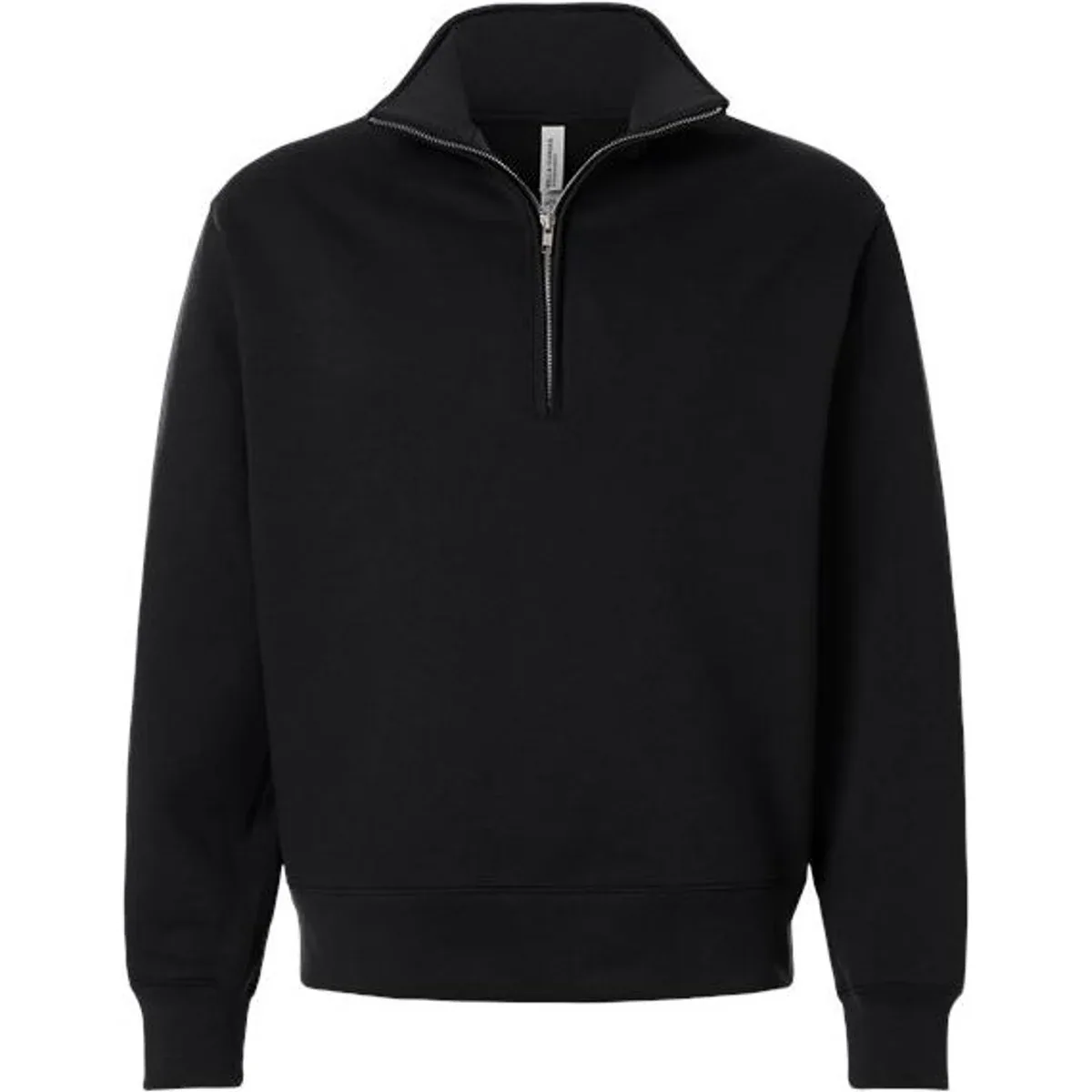 Close-up of the silver metal zipper on the sweatshirt
