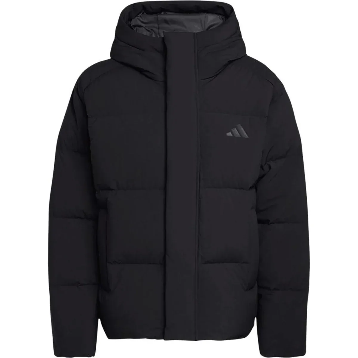 Men's puffer jacket displayed on a mannequin outdoors