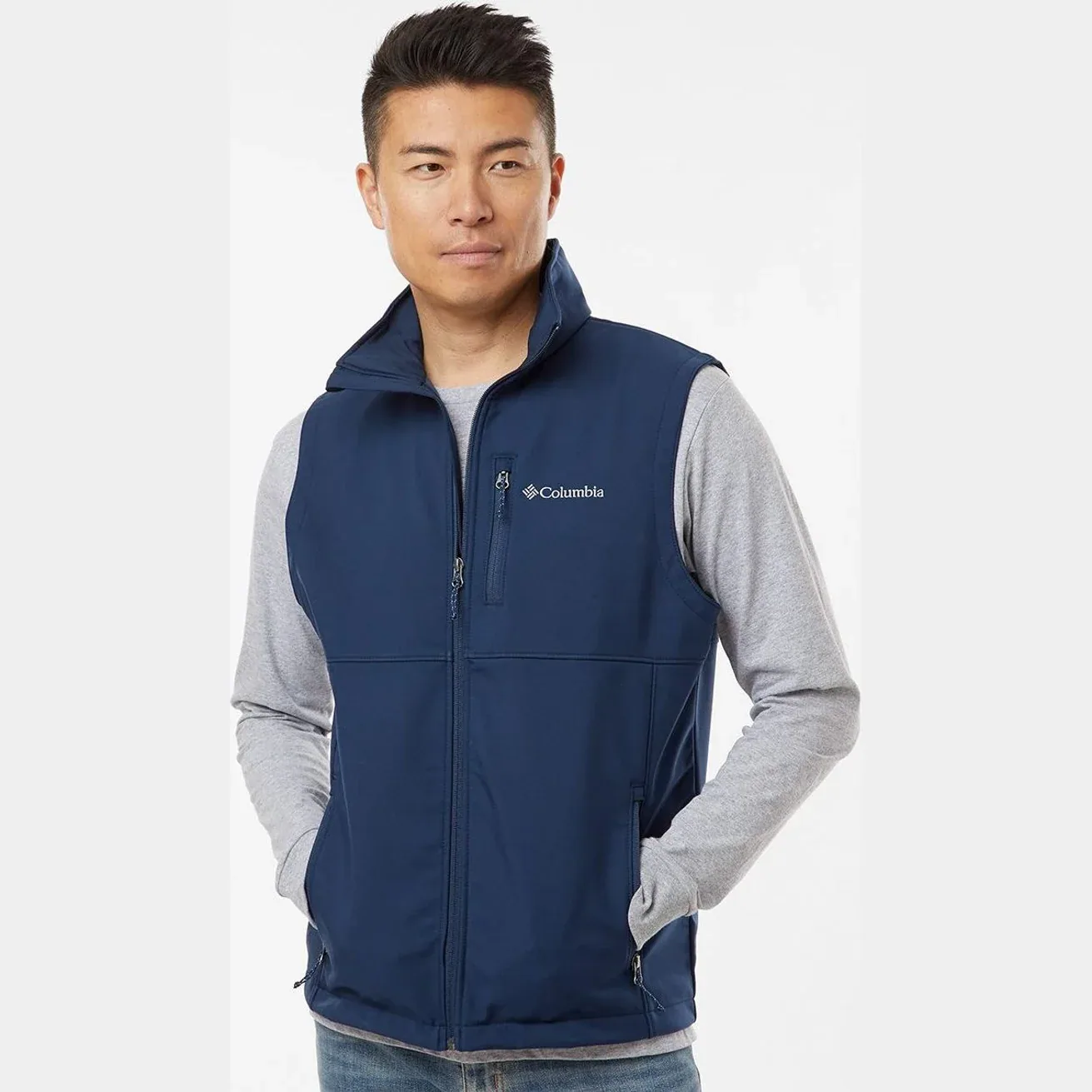 Men's soft shell vest displayed on a mannequin with logo
