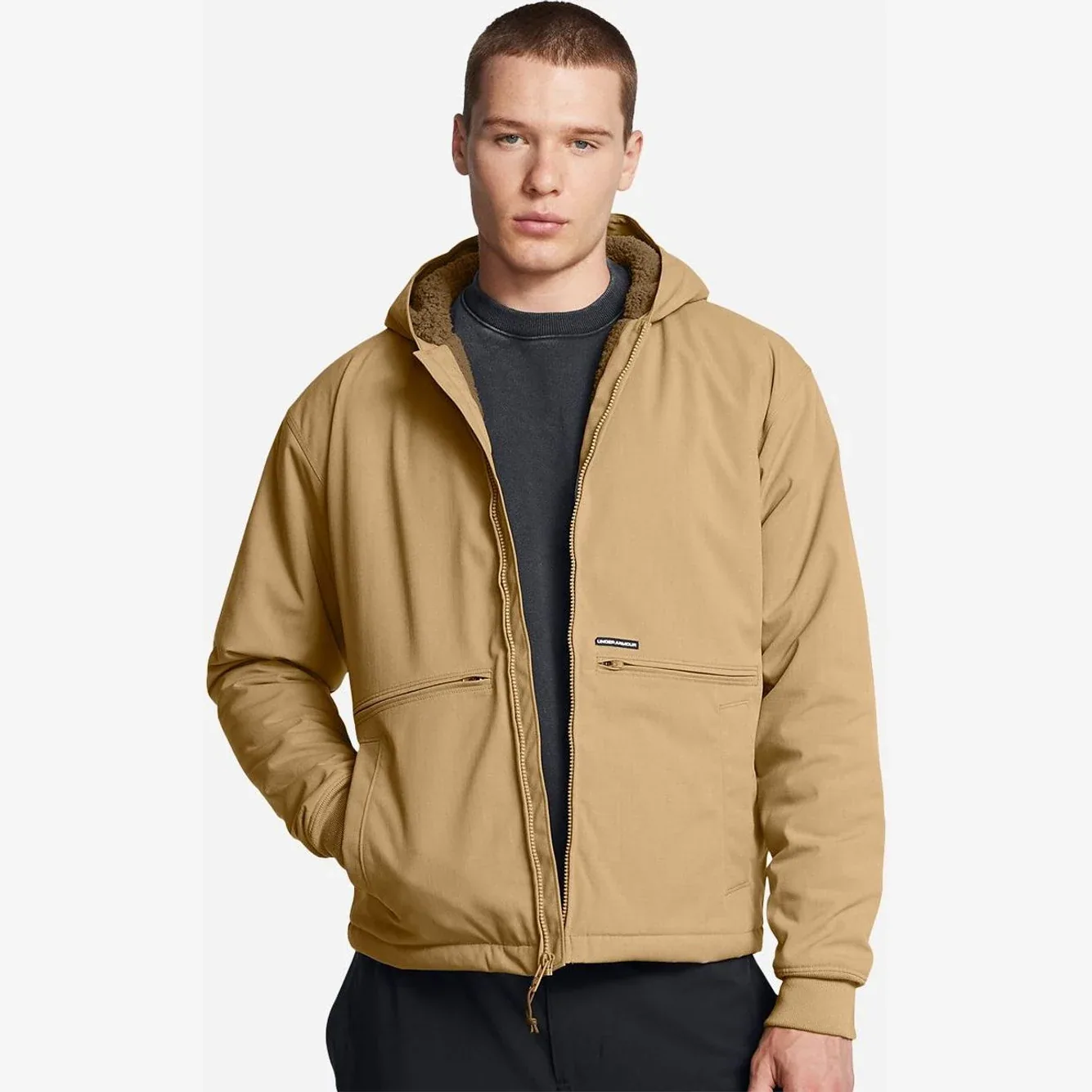 Men's fleece jacket displayed on a mannequin with logo visible